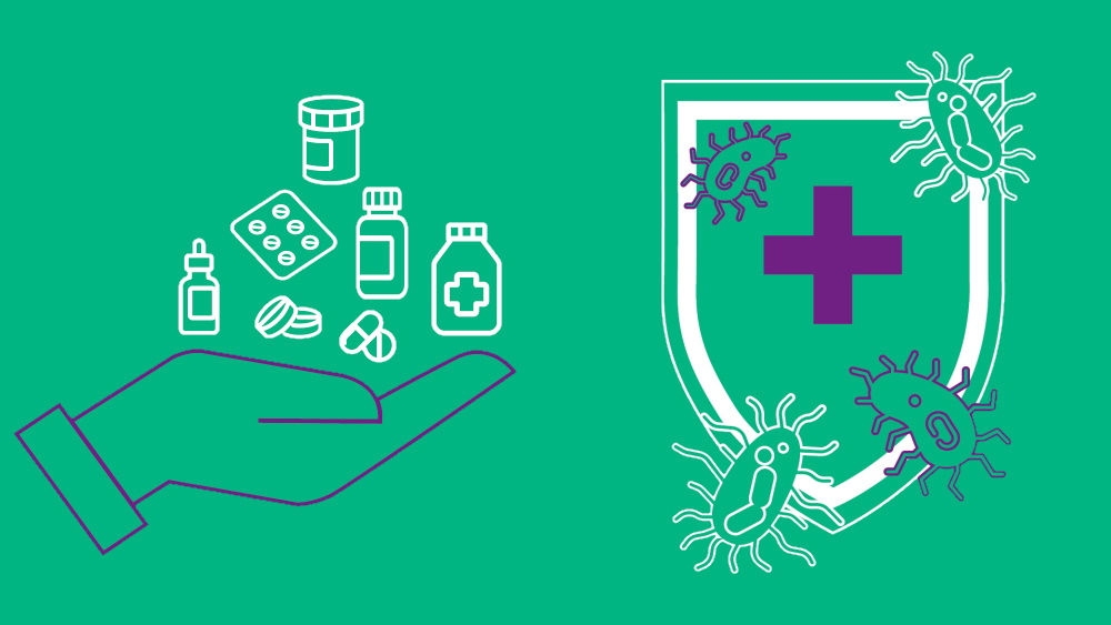 Illustration av en hand med många läkemedel och en sköld mot mikrober till höger