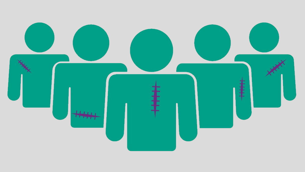 grön illustration med personer med ärr