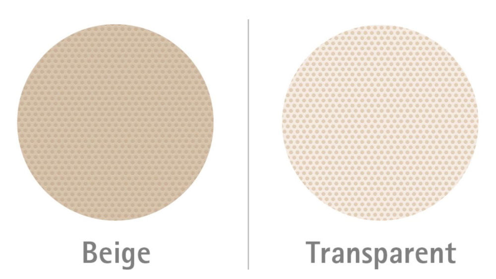 beige och transparent stomipåse med inspektionsfönster