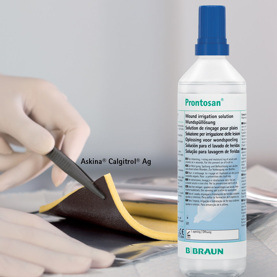 Prontosan sårspolningslösning och Askina Calgitrol Ag