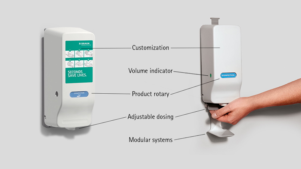 Två väggmonterade handhygiendispensrar, en automatisk och en manuell